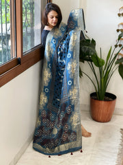 Ajrakh Handblock Printed Organza Crepe Dupatta with Banarasi Border
