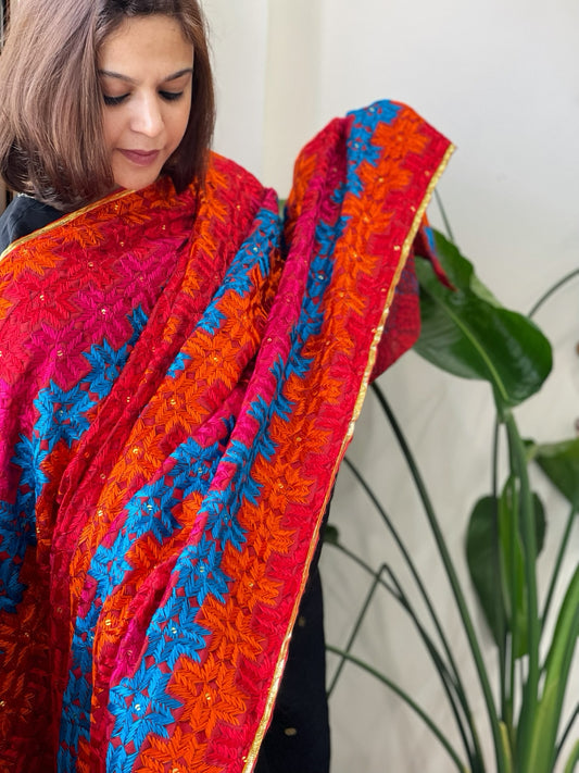 Red Handmade Phulkari Dupatta in Cotton