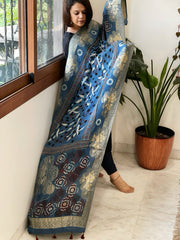Ajrakh Handblock Printed Organza Crepe Dupatta with Banarasi Border