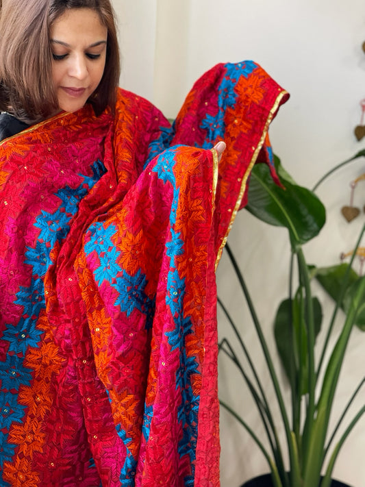 Red Handmade Phulkari Dupatta in Cotton