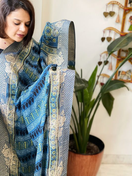 Ajrakh Handblock Printed Organza Crepe Dupatta with Banarasi Border