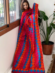 Red Handmade Phulkari Dupatta in Cotton