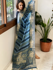 Ajrakh Handblock Printed Organza Crepe Dupatta with Banarasi Border