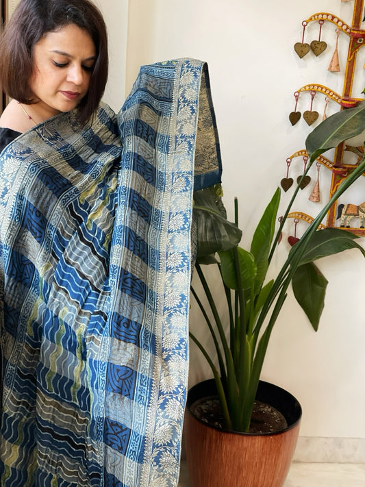 Ajrakh Handblock Printed Organza Crepe Dupatta with Banarasi Border