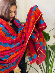 Red Handmade Phulkari Dupatta in Cotton
