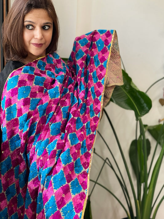 Blue, Pink Handmade Phulkari Dupatta in Cotton