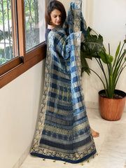 Ajrakh Handblock Printed Organza Crepe Dupatta with Banarasi Border