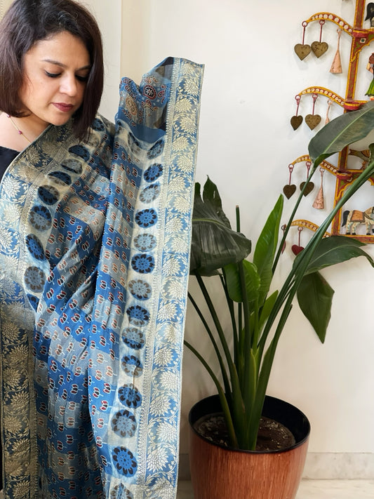 Ajrakh Handblock Printed Organza Crepe Dupatta with Banarasi Border