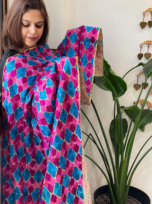 Blue, Pink Handmade Phulkari Dupatta in Cotton