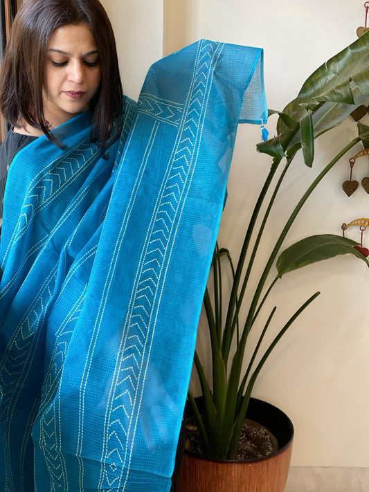 Sea Blue Kota Cotton Handblock Printed Dupatta
