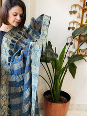 Ajrakh Handblock Printed Organza Crepe Dupatta with Banarasi Border