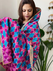 Blue, Pink Handmade Phulkari Dupatta in Cotton