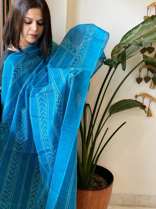 Sea Blue Kota Cotton Handblock Printed Dupatta