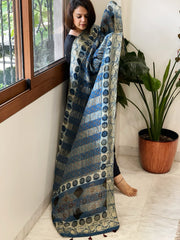 Ajrakh Handblock Printed Organza Crepe Dupatta with Banarasi Border