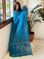 Sea Blue Kota Cotton Handblock Printed Dupatta