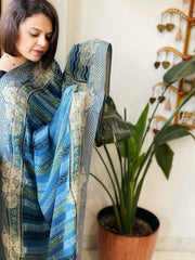 Ajrakh Handblock Printed Organza Crepe Dupatta with Banarasi Border
