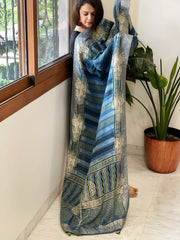Ajrakh Handblock Printed Organza Crepe Dupatta with Banarasi Border