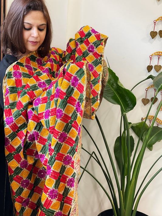 Handmade Phulkari Dupatta in Cotton