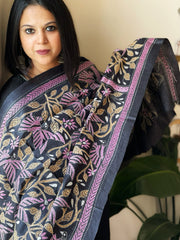 Dark Grey Handmade Nakshi Kantha Dupatta in Pure Silk