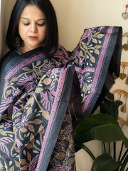Dark Grey Handmade Nakshi Kantha Dupatta in Pure Silk