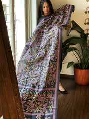 Dark Grey Handmade Nakshi Kantha Dupatta in Pure Silk