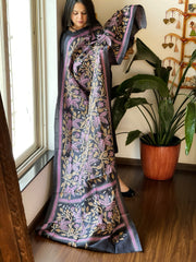 Dark Grey Handmade Nakshi Kantha Dupatta in Pure Silk