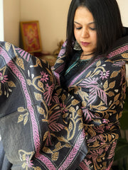 Dark Grey Handmade Nakshi Kantha Dupatta in Pure Silk