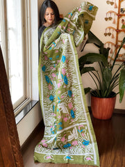 Green Handmade Nakshi Kantha Dupatta in Pure Silk