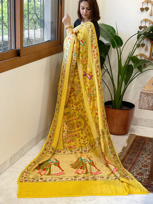Yellow Handmade Bandhani Saree with Meenakari in Pure Georgette