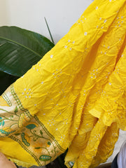 Yellow Handmade Bandhani Saree with Meenakari in Pure Georgette