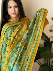 Yellow Handmade Nakshi Kantha Dupatta in Pure Silk
