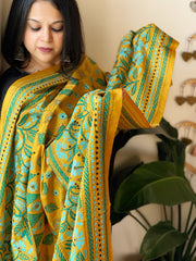 Yellow Handmade Nakshi Kantha Dupatta in Pure Silk