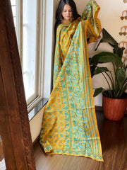 Yellow Handmade Nakshi Kantha Dupatta in Pure Silk