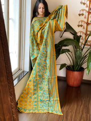 Yellow Handmade Nakshi Kantha Dupatta in Pure Silk