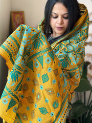 Yellow Handmade Nakshi Kantha Dupatta in Pure Silk