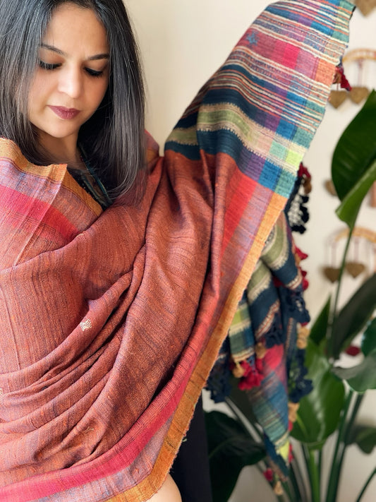 Handwoven Woollen Shawl in Pure Tussar and Wool