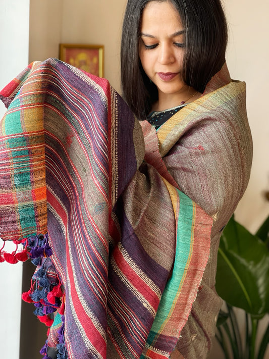 Handwoven Woollen Shawl in Pure Tussar and Wool