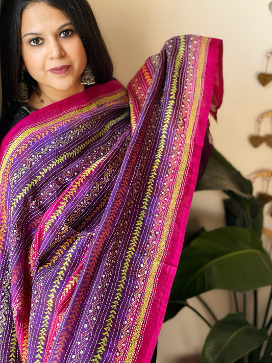 Purple, Pink Handmade Kantha Dupatta in Silk