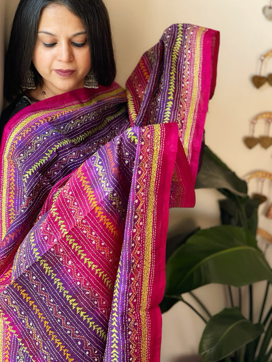 Purple, Pink Handmade Kantha Dupatta in Silk
