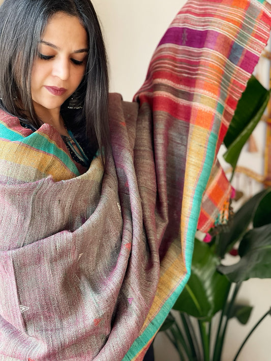 Handwoven Woollen Shawl in Pure Tussar and Wool