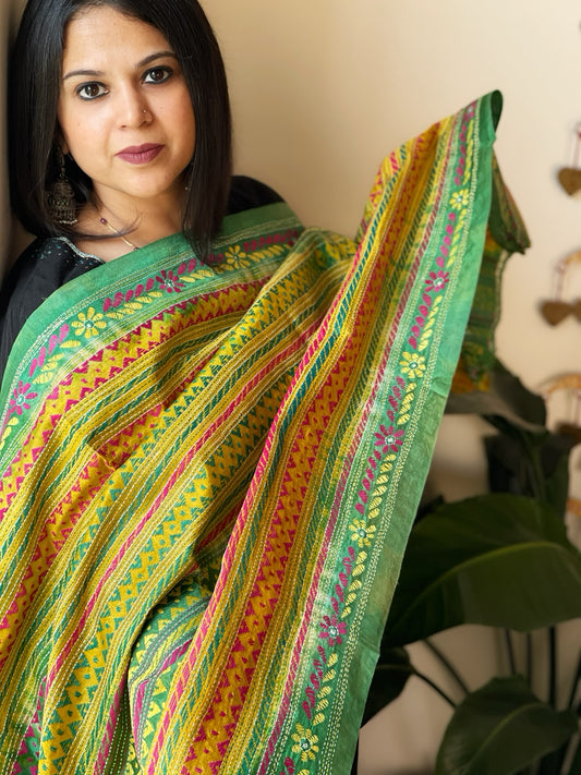 Green, Yellow Handmade Kantha Dupatta in Silk