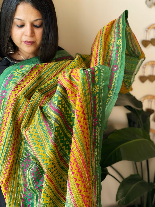 Green, Yellow Handmade Kantha Dupatta in Silk