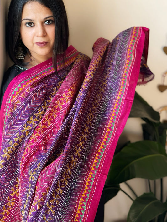Purple, Pink Handmade Kantha Dupatta in Silk