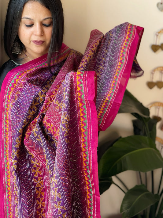 Purple, Pink Handmade Kantha Dupatta in Silk