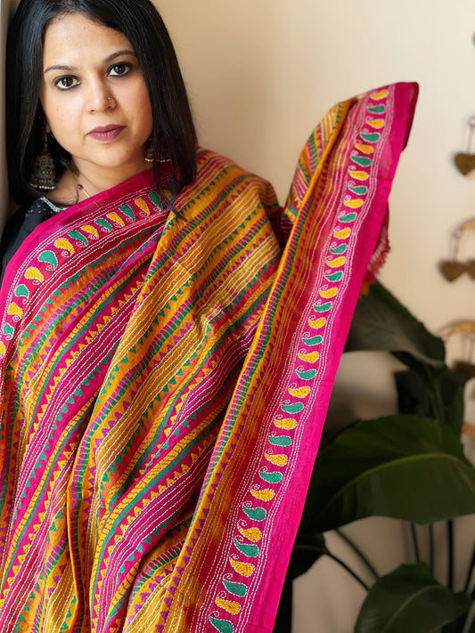 Pink, Yellow Handmade Kantha Dupatta in Silk