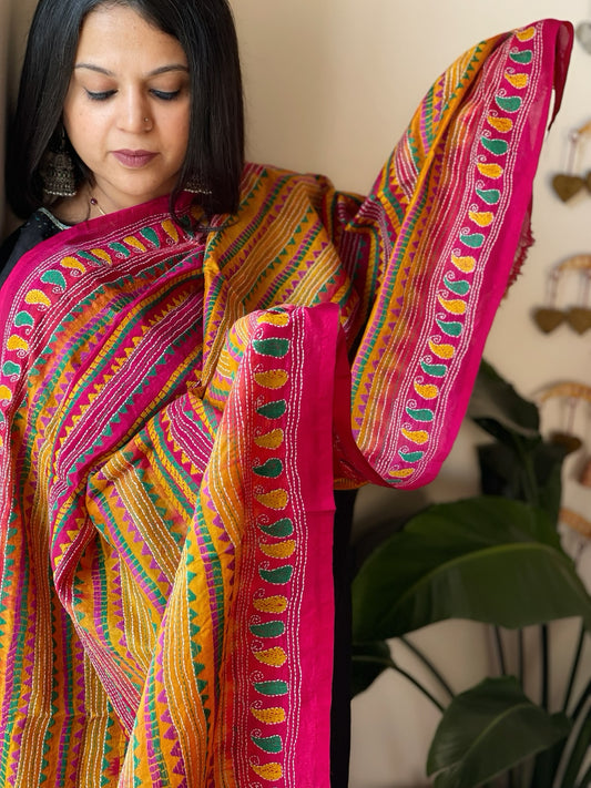 Pink, Yellow Handmade Kantha Dupatta in Silk