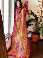 Pink, Yellow Handmade Kantha Dupatta in Silk