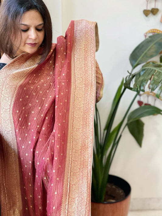 Carrot Pink Woven Banarasi Dupatta in Tissue