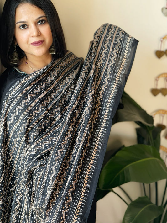 Black Handmade Kantha Dupatta in Silk