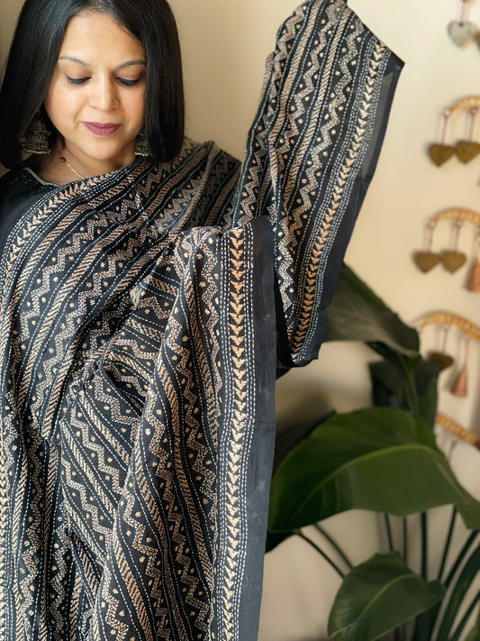 Black Handmade Kantha Dupatta in Silk